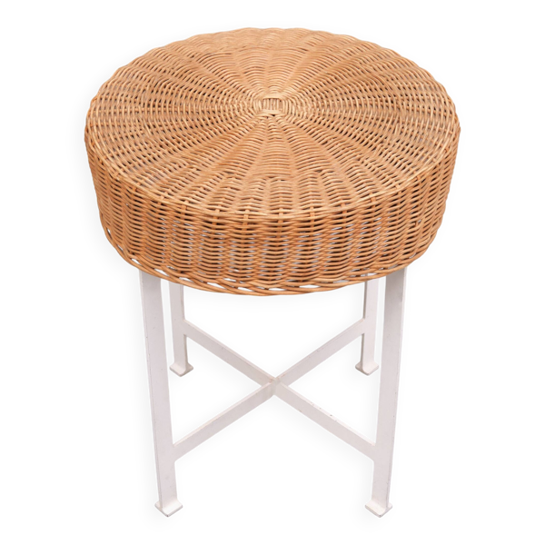Tabouret vintage en osier avec base en acier 1960