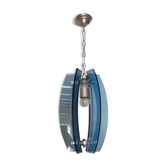 Suspension in blue glass and silver metal, Italy 1960