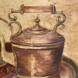 Old painting, still life with teapot and fruit, dated 1932 and signed