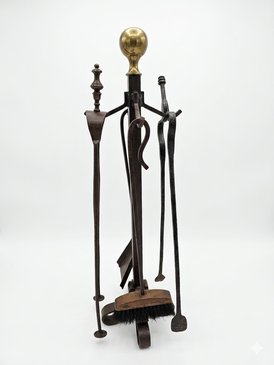 Antique fireplace set in solid wrought iron and brass.