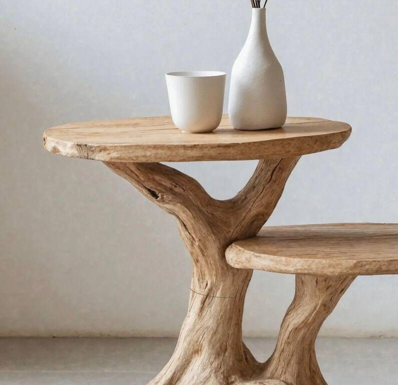 Rustic sculptural side table made of natural and organic driftwood.