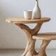 Rustic sculptural side table made of natural and organic driftwood.