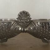 Salt and pepper shaker holder with a pair of fish in metal, Italian design