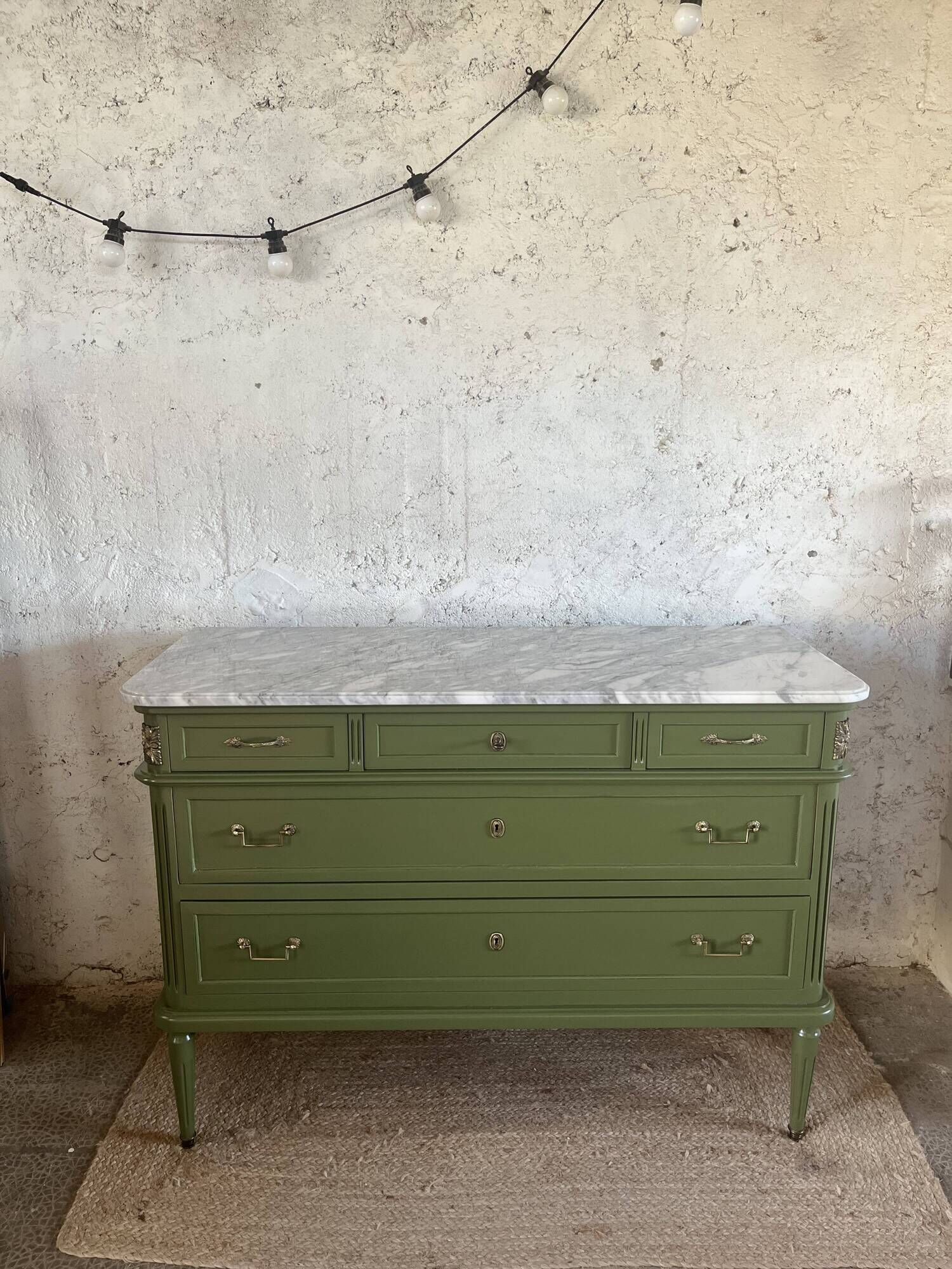 Louis XVI style olive green commode with marble.