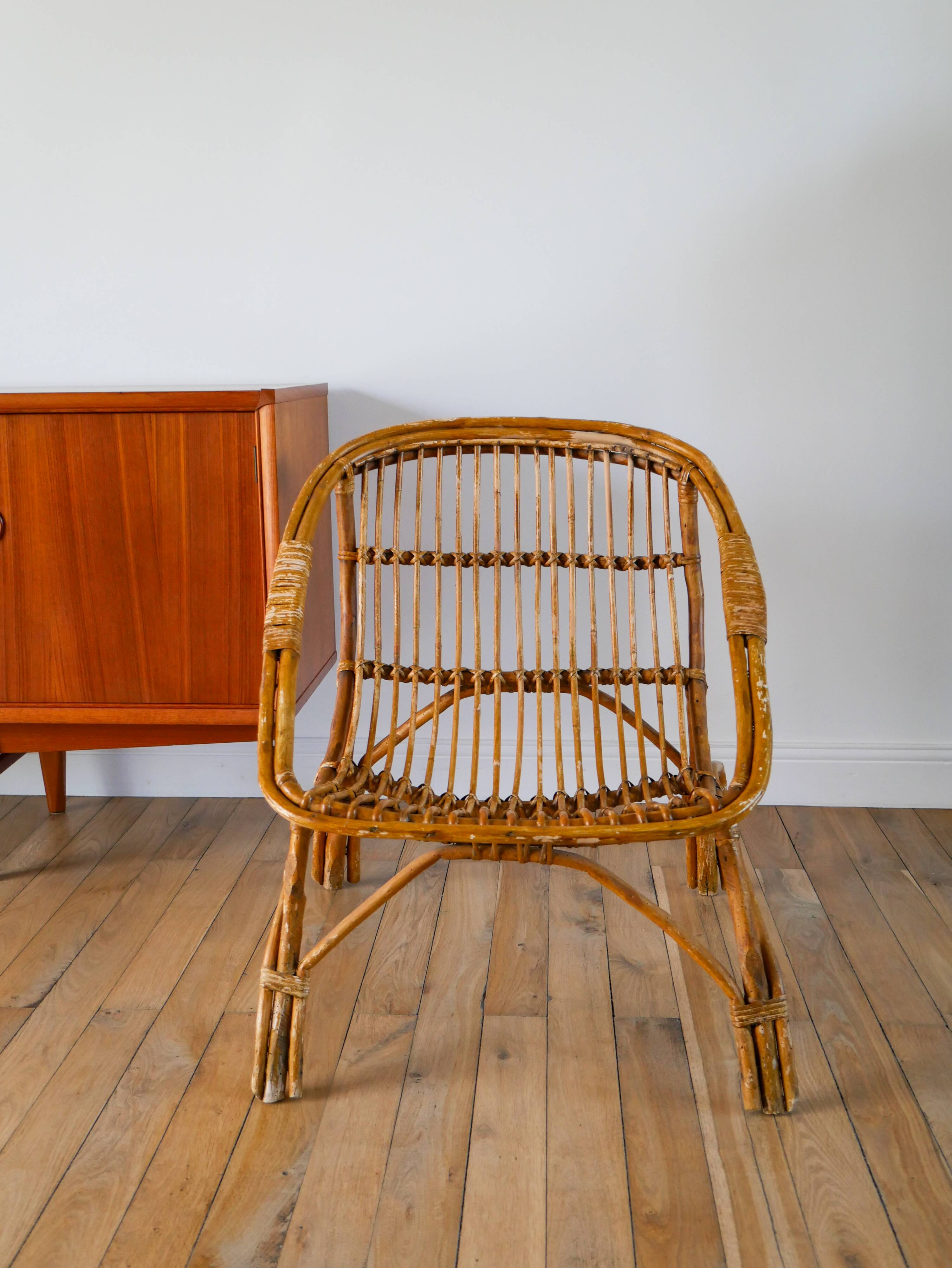 Shell armchair in rattan and bamboo, early 20th century