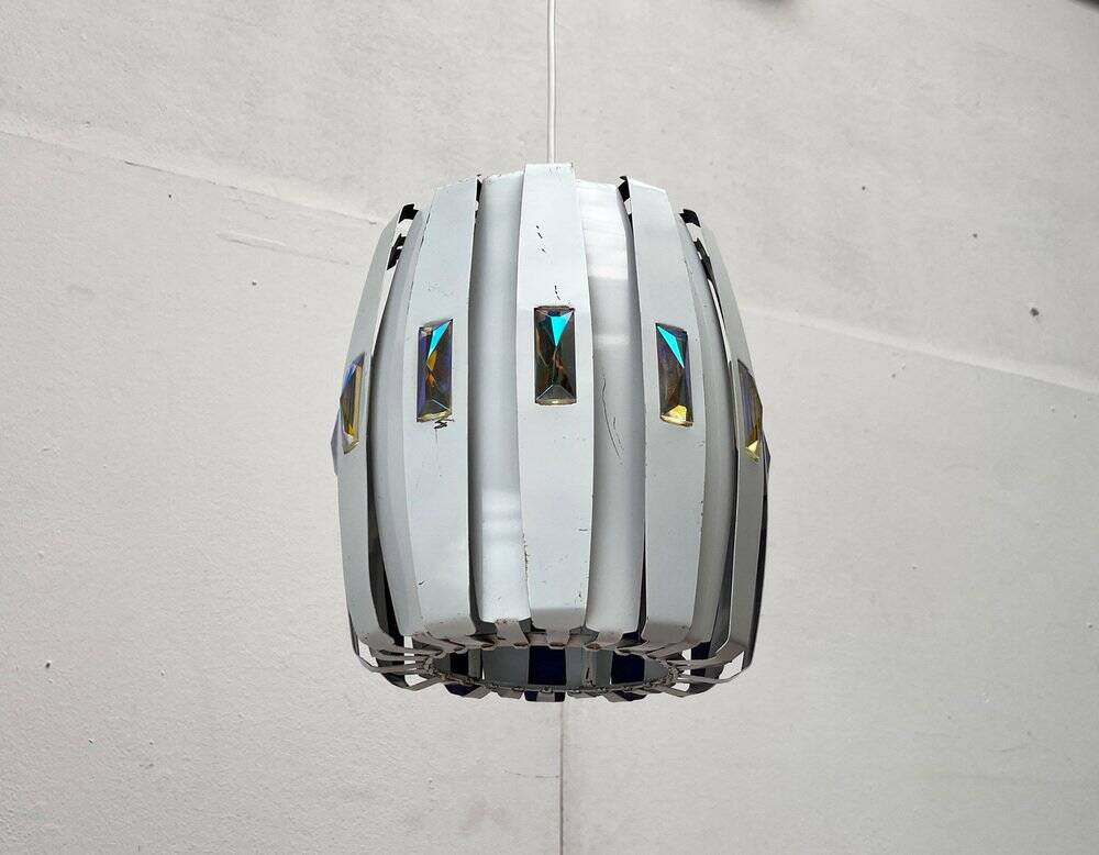 Metal pendant lamp and prism model in white mid-century by Werner Schou for Coronell Elektro, Denmark, 1960s.