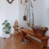 Large old oak farm bench with heart decor