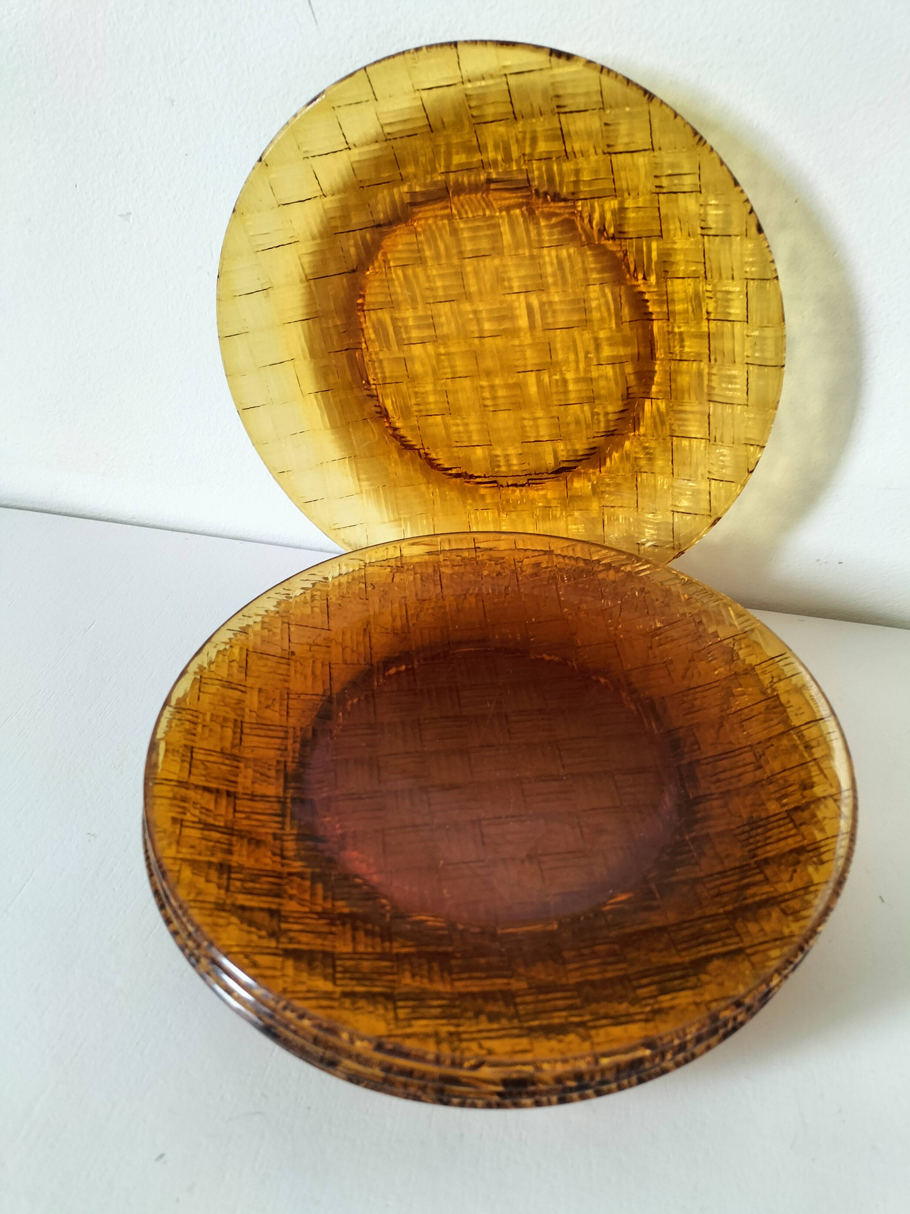 5 vintage pressed glass dessert plates with woven decoration