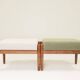 Set two footrest in vintage style, boucle upholstery, wooden pouffe