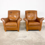Ensemble de deux fauteuils vintage en cuir de cognac Amsterdam