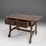 Table console espagnole ancienne en chêne avec tiroirs fabriqués à la main, 18ème siècle