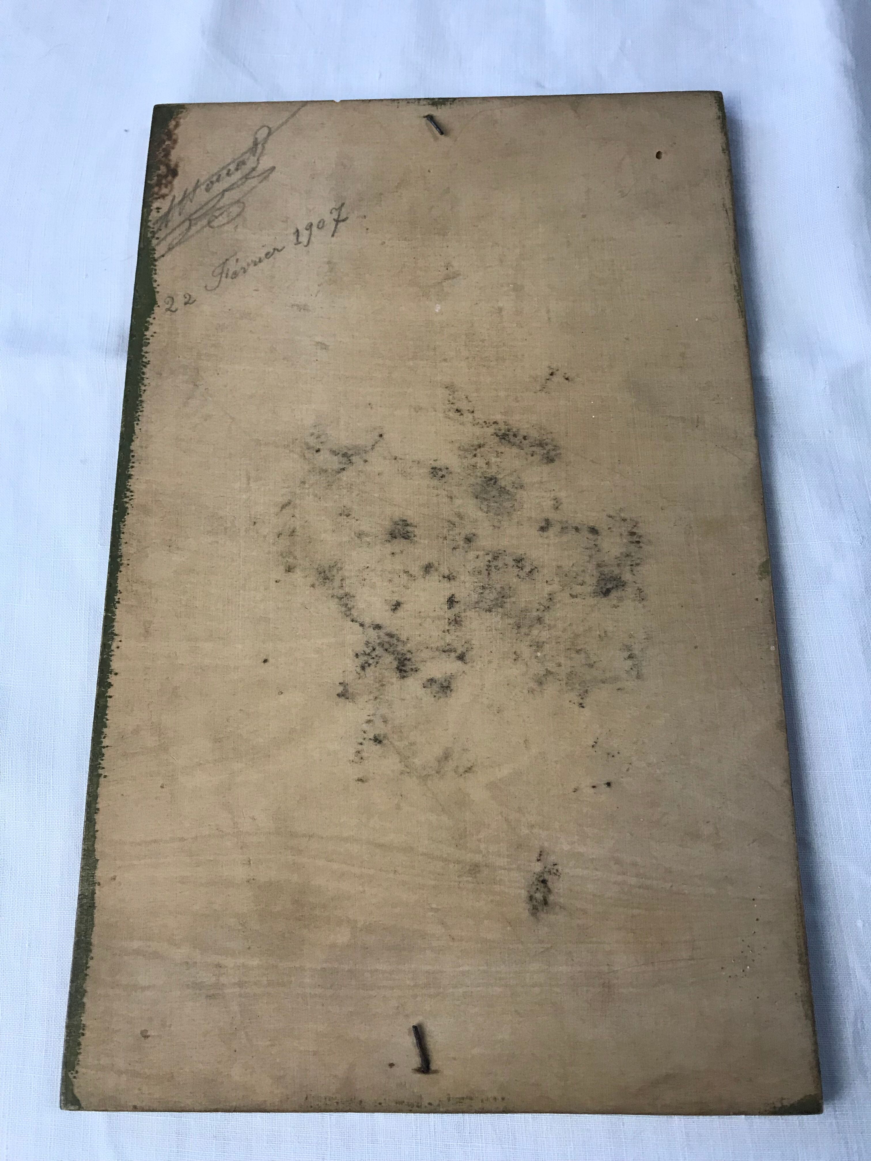 Art Nouveau panel in pyrograved wood signed Houal