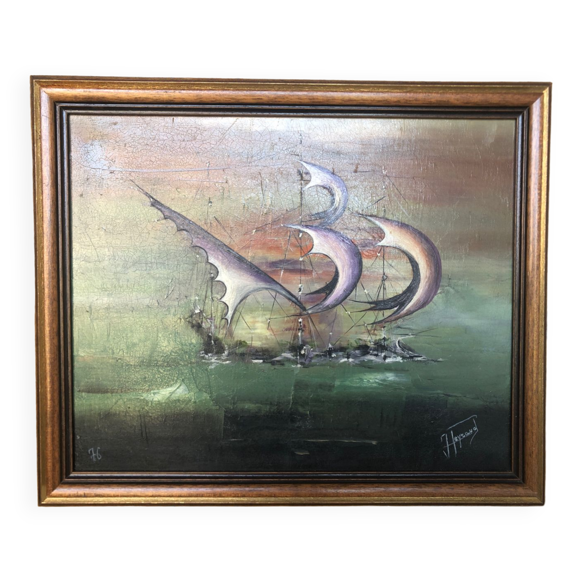 Oil painting on canvas j. peyraud view boats + wood frame #a219