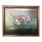 Tableau huile sur toile j. peyraud vue bateaux + cadre bois #a219