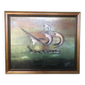 Tableau huile sur toile j. peyraud vue bateaux + cadre bois #a219