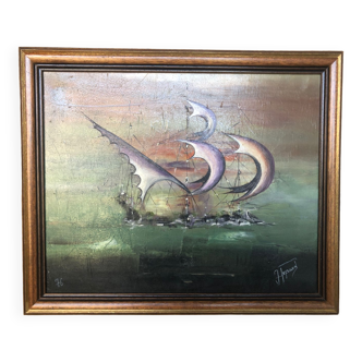 Tableau huile sur toile j. peyraud vue bateaux + cadre bois #a219