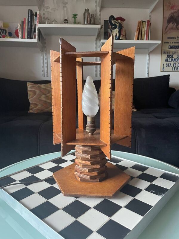 Lampe moderniste en bois - création d'ébénisterie artisanale années 70