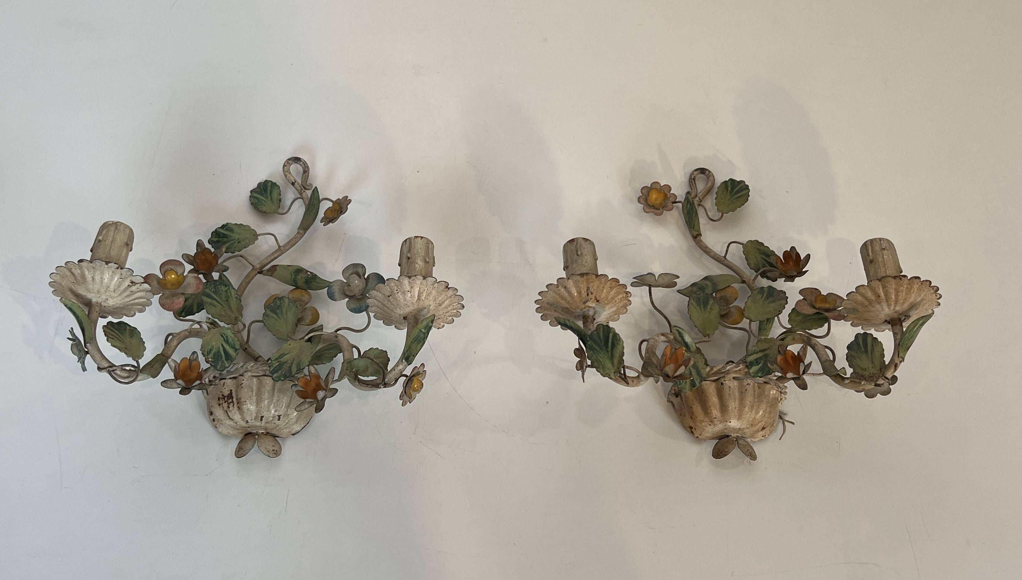 Pair of Wall Lights with Floral Basket in Painted Sheet Metal. Italian Work. Circa 19.