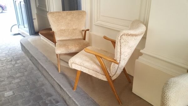 Lot de 2 fauteuils années 50 Wing chair Zig Zag Vintage restaurés