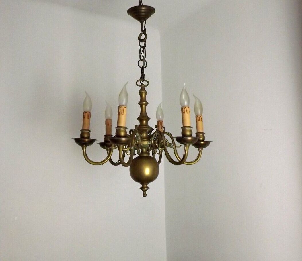 Vintage French 6 Light Heavy Brass Flemish Style Chandelier Card Drips 4050