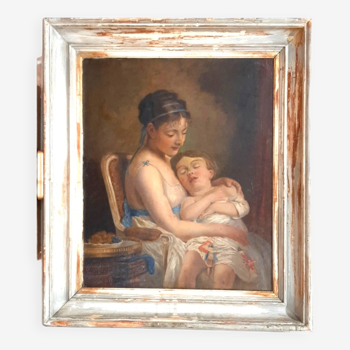 19th century French school.mother and daughter.framed oil on canvas