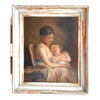 19th century French school.mother and daughter.framed oil on canvas