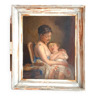 French school of the 19th century. mother and daughter. oil on canvas framed