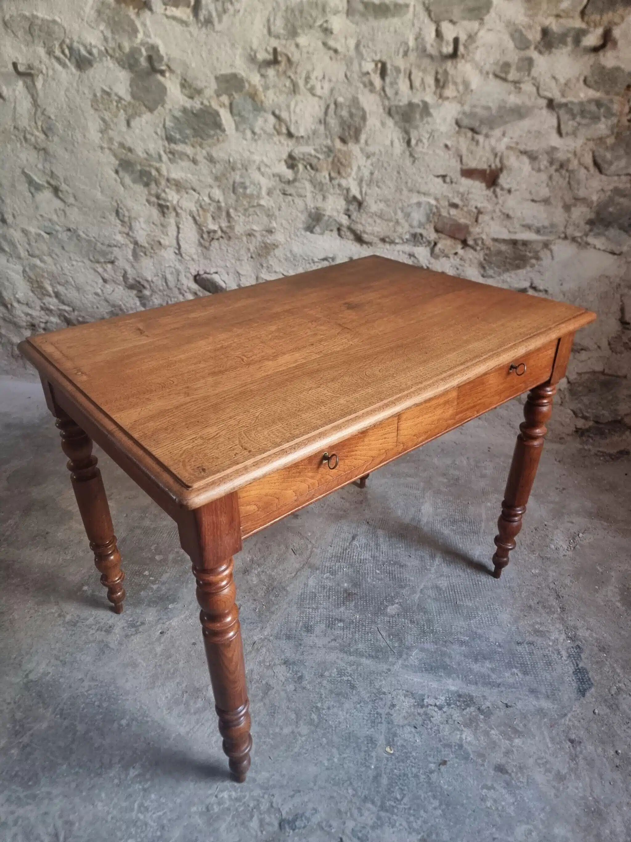 Antique French oak writing desk with 2 lockable drawers, circa 1920.