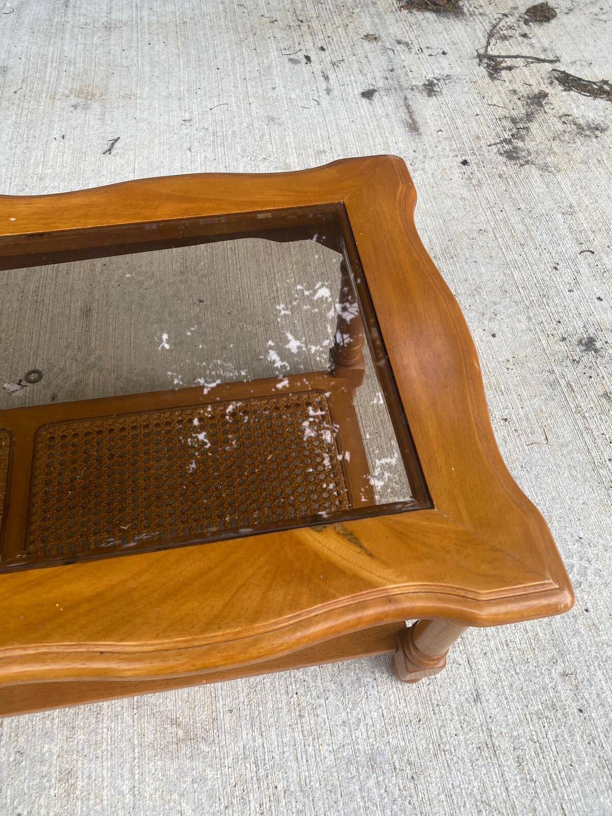 Vintage solid wood coffee table with glass and cane 100x50cm