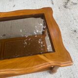 Table basse vintage en bois massif, verre et cannage