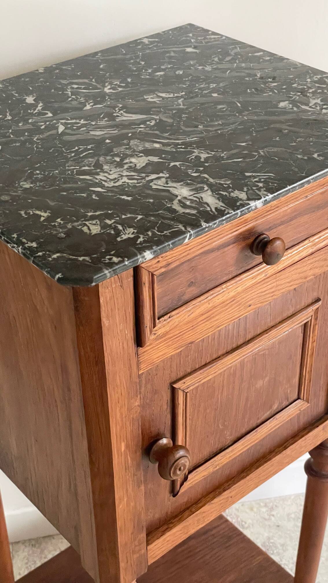 Antique bedside table in wood and marble