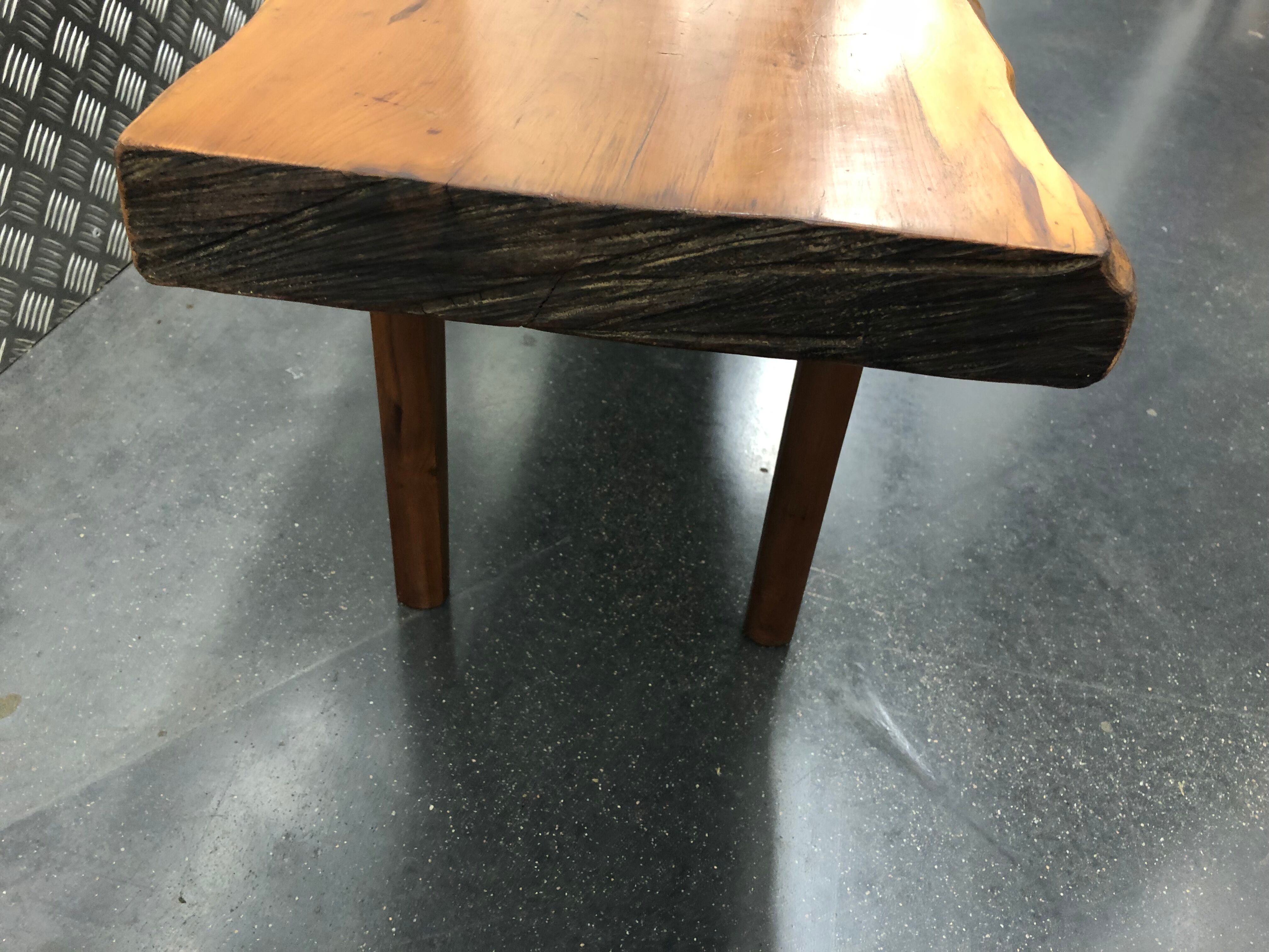 Wooden yew timbered bench stamped Reynolds of Ludlow, circa 1960