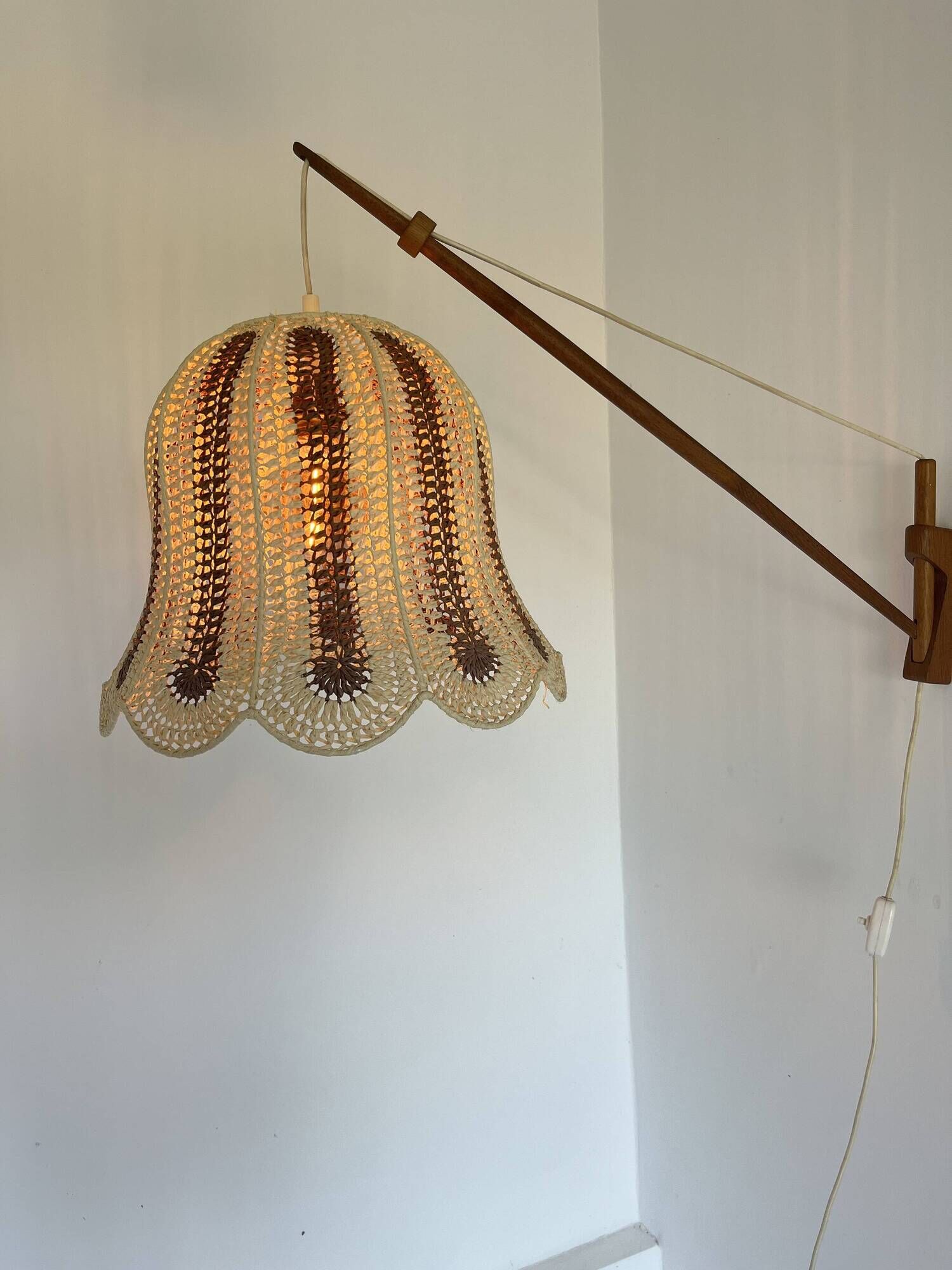 Mid-Century Modern Teak and Sisal Swing-Arm Wall Lamp, 1960s