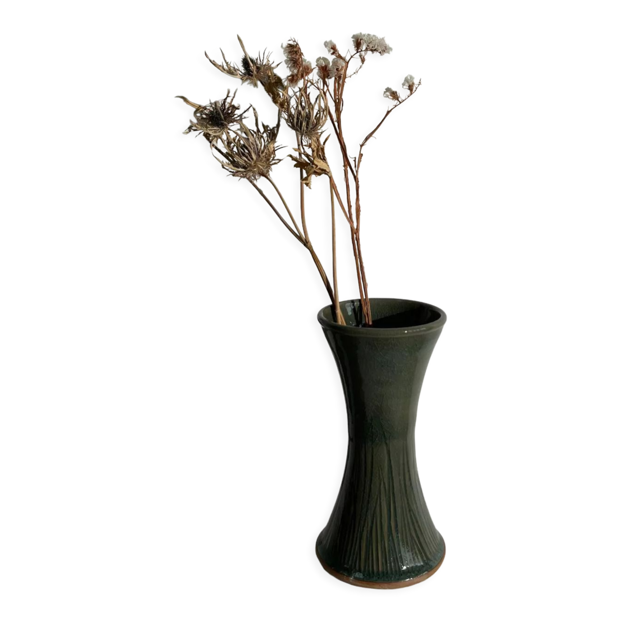 Dark green handcrafted vase with glazed ceramic grass blades