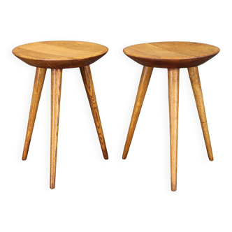 1960s Czechoslovak oak tripod stools by ULUV, restored rustic mid-century pair