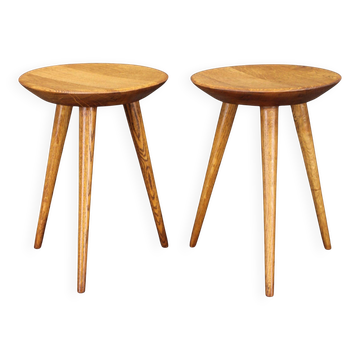 1960s Czechoslovak oak tripod stools by ULUV, restored rustic mid-century pair