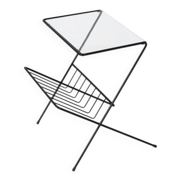 Filigree mid-century modern side table with magazine rack / steel / glass / 1960s