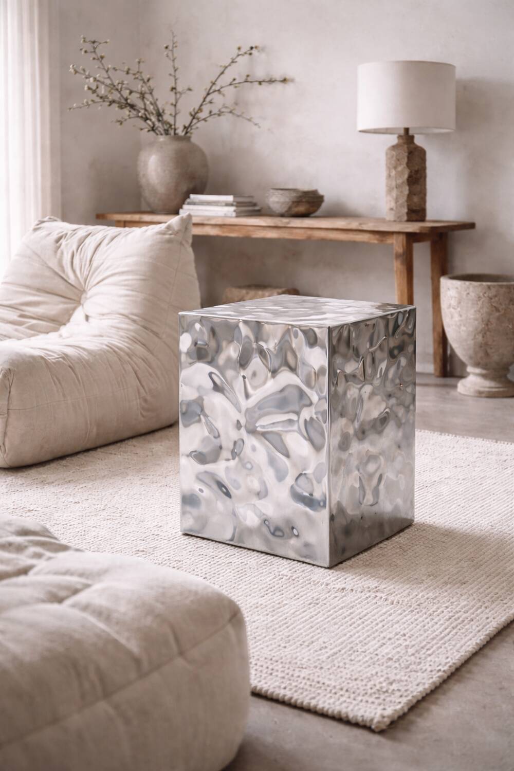 Sculptural Stainless Steel Cube Side Table