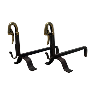 Pair of bronze and steel zoomorphic swan andirons 1940