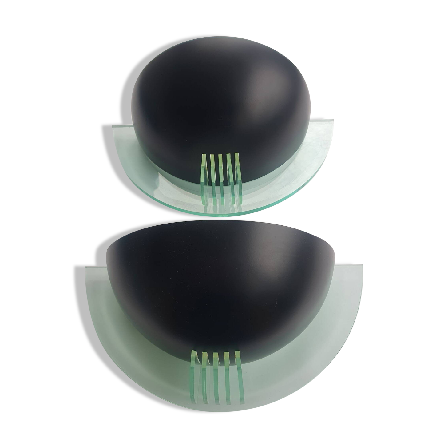 Pair of vintage black metal and plexiglass half-moon wall lights