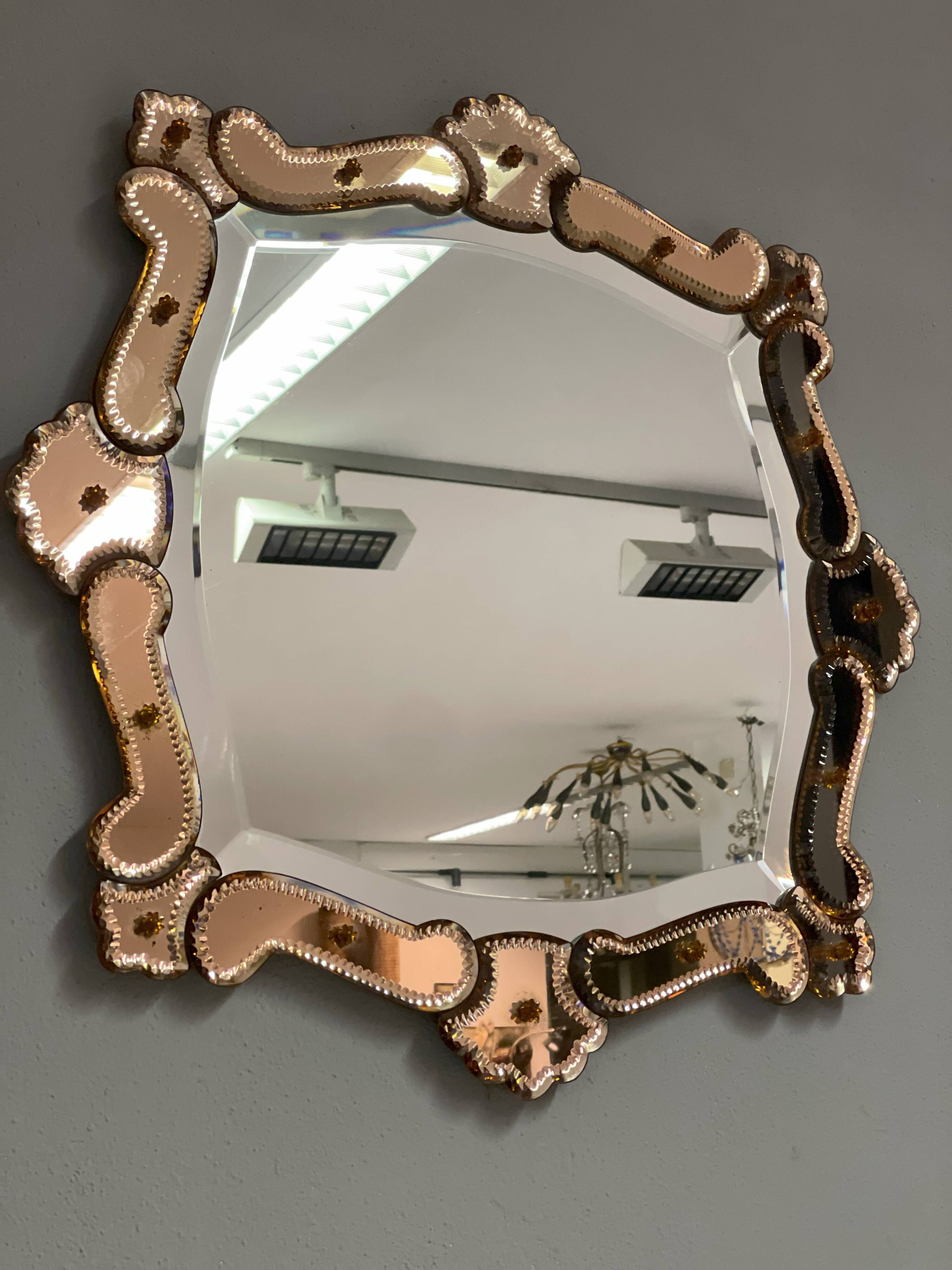 Venetian Quadratic Mirror with Rosé Rauchglass Frame