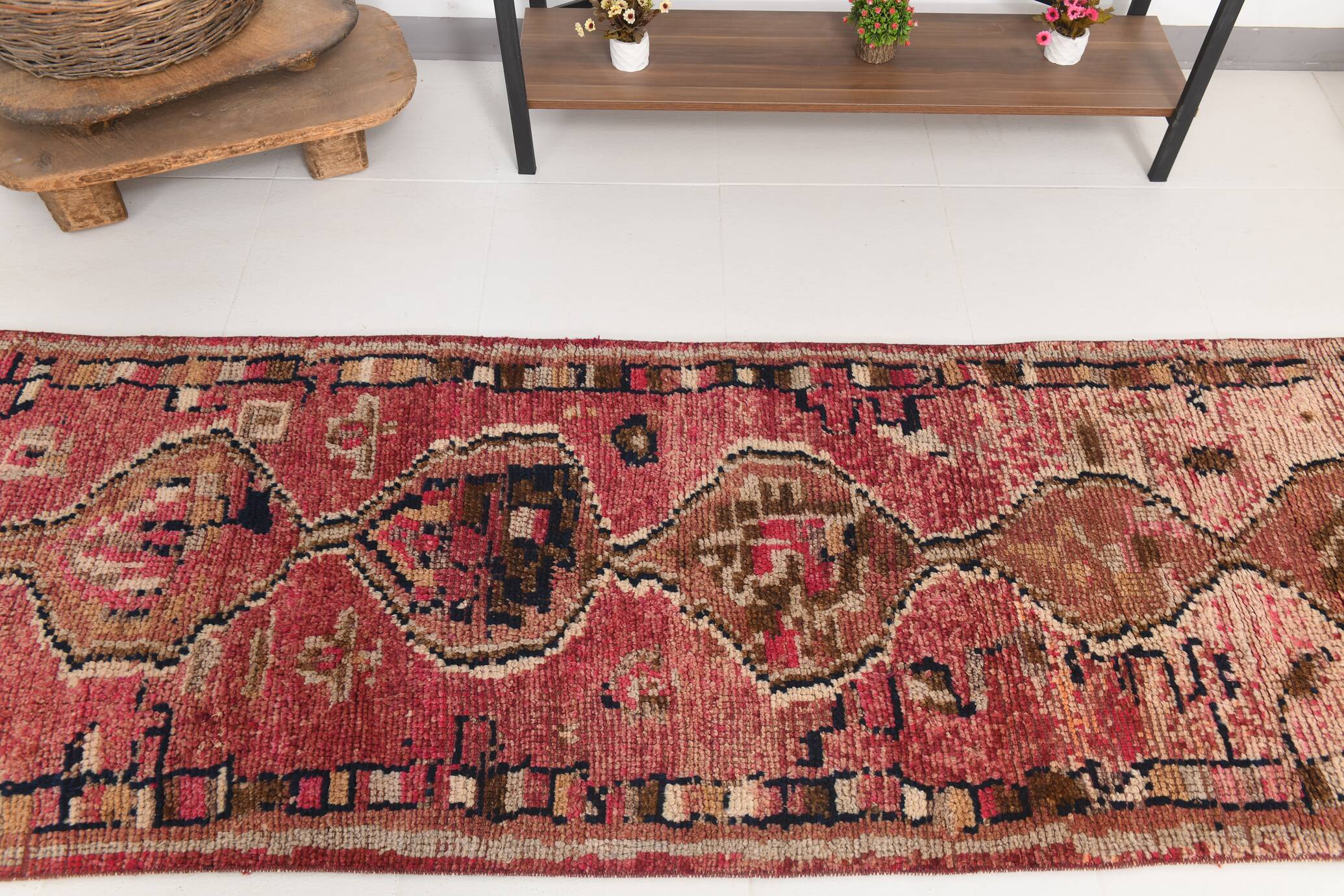 Red Cream Tribal Turkish Runner Rug 88x311Cm SK 18885