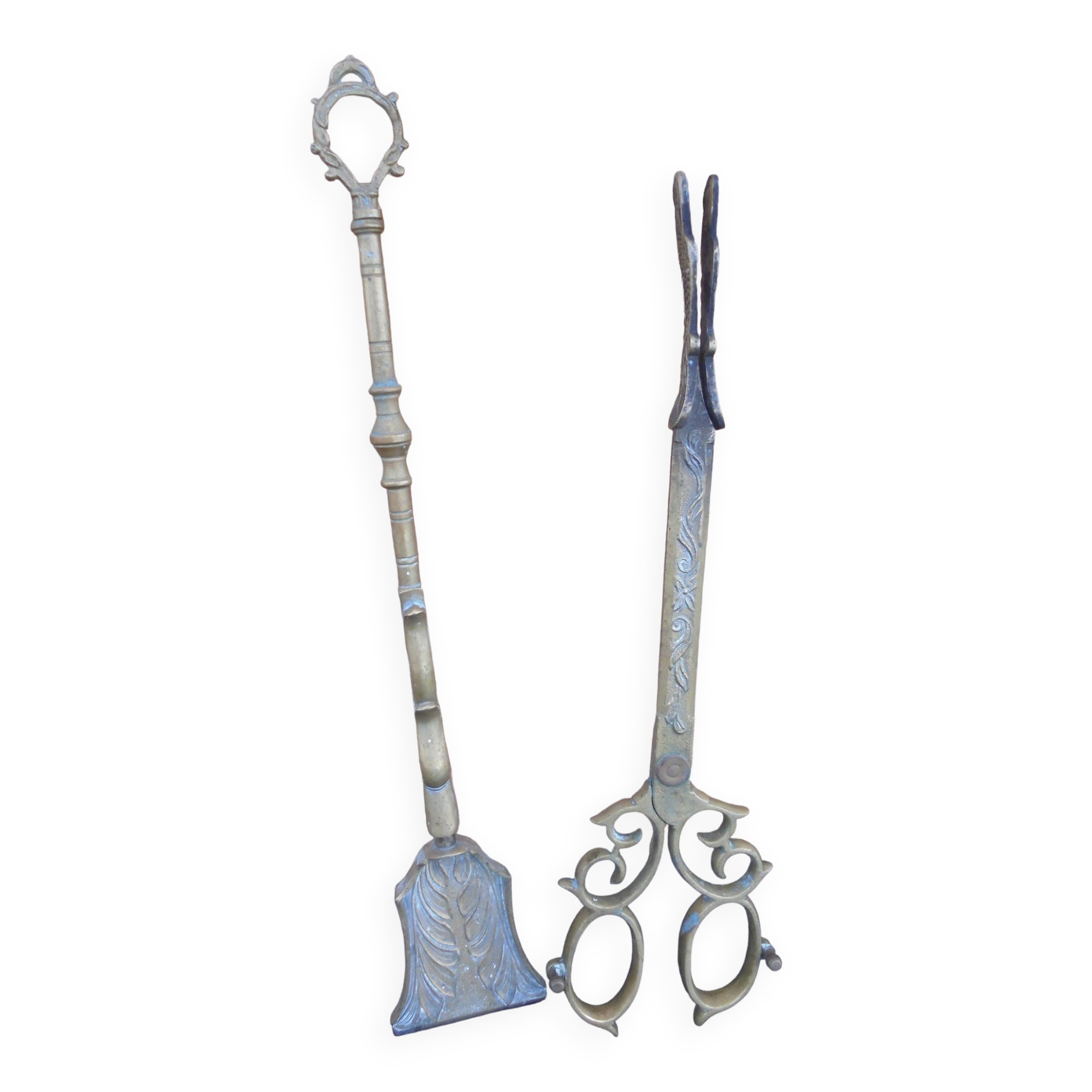 Zoomorphic bronze fireplace shovel and tongs