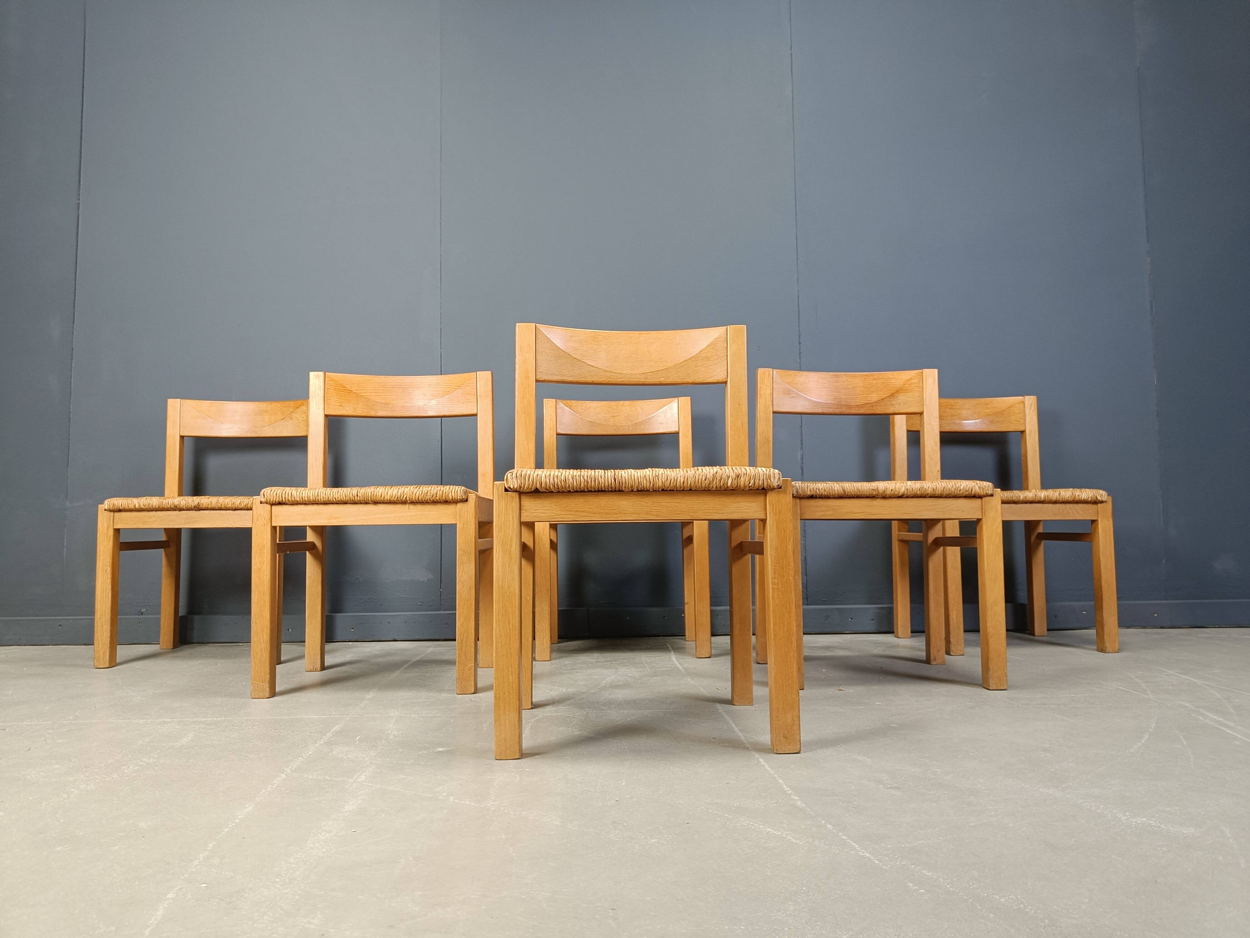 Vintage oak and wicker dining chairs, 1960s