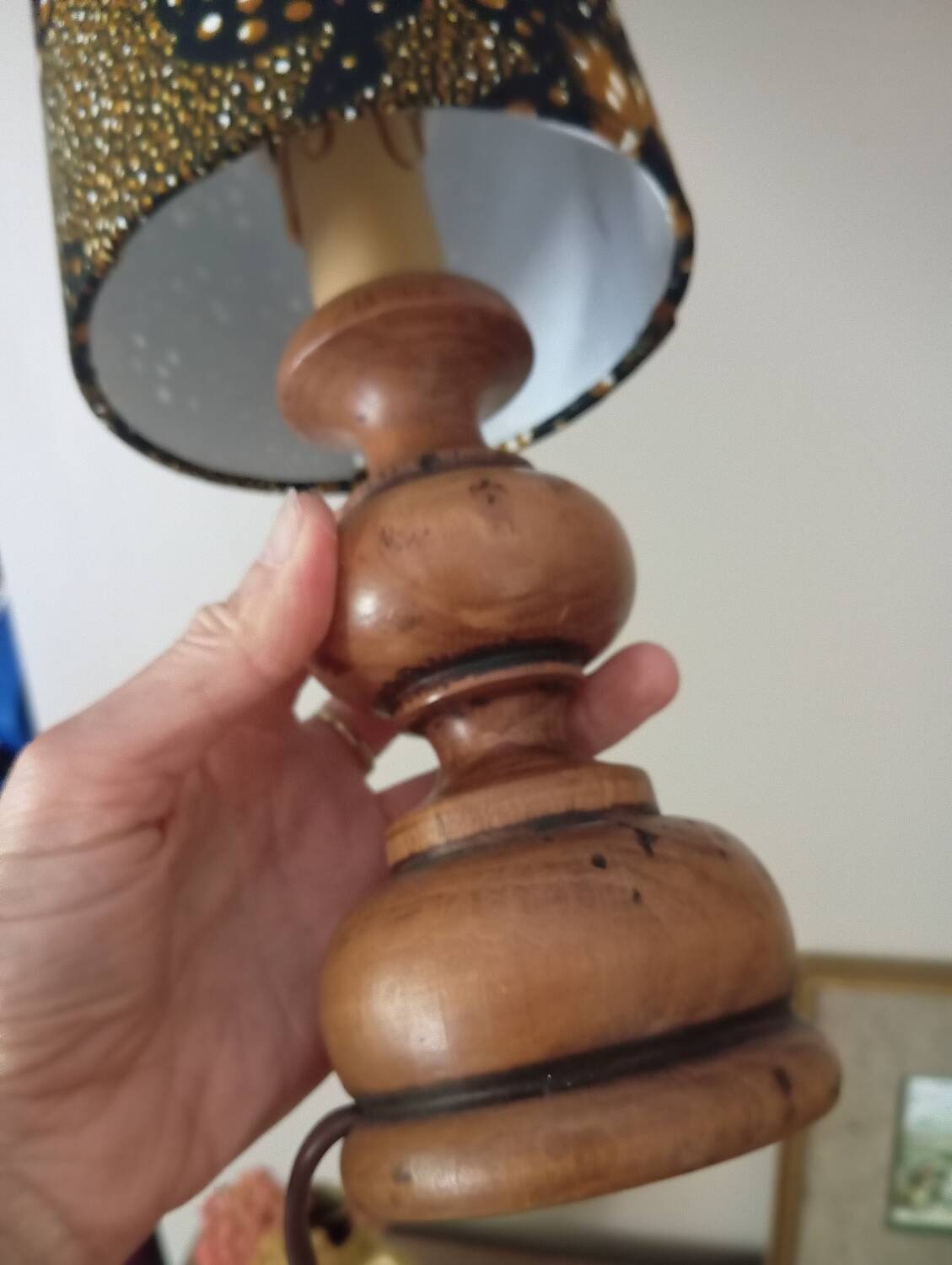 Vintage turned wood table lamp, ethnic chic wax drum lampshade