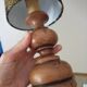 Vintage turned wood table lamp, ethnic chic wax drum lampshade