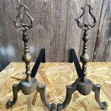 Pair of Antique Metal + Bronze Vintage Fireplace Andirons