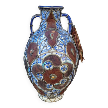 Filigree vase, ceramic, leather, enamel and metal, 19th century - Safi, Morocco