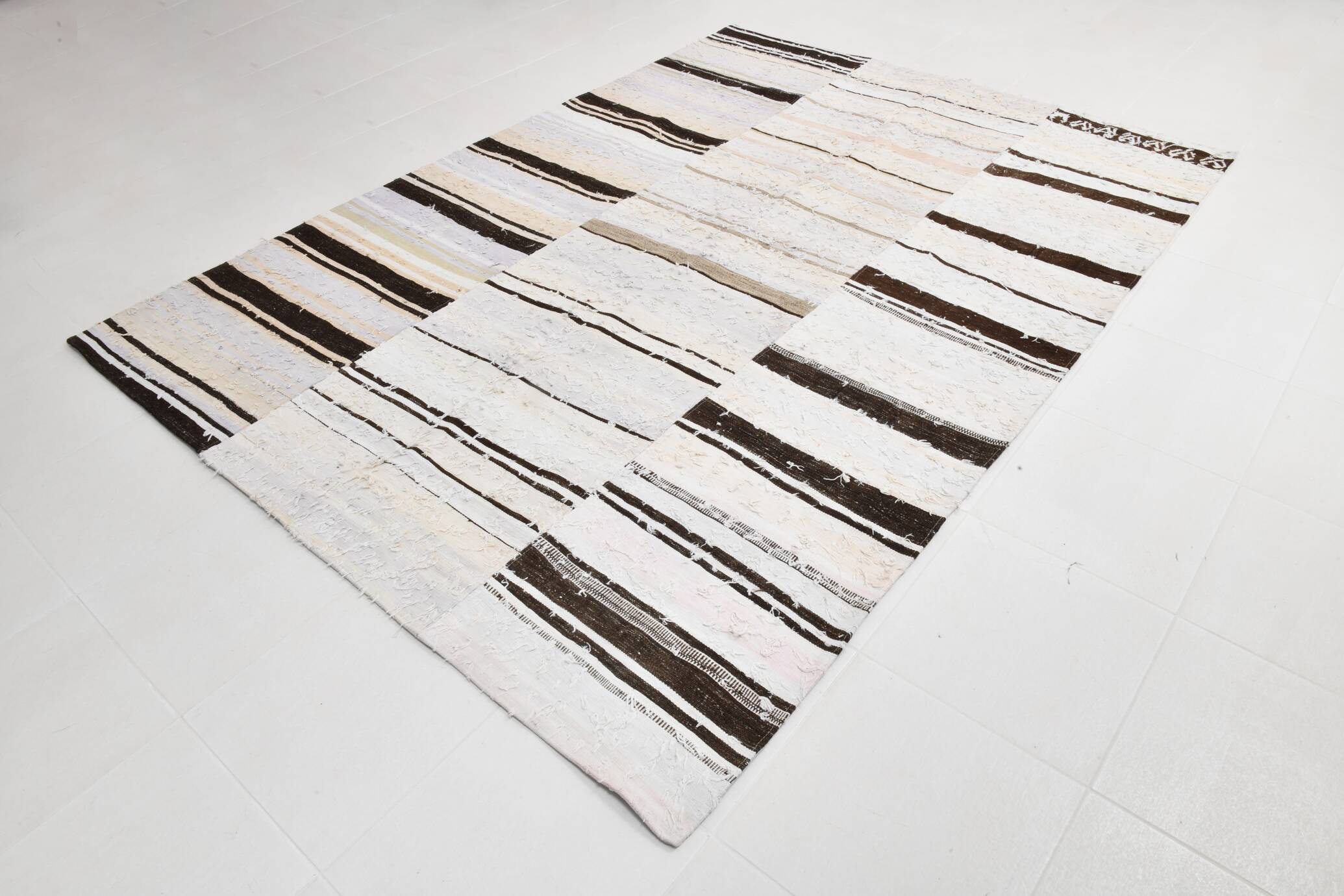 7x9 Brown Cream Striped Handmade Vintage Kilim Rug, 204x279Cm