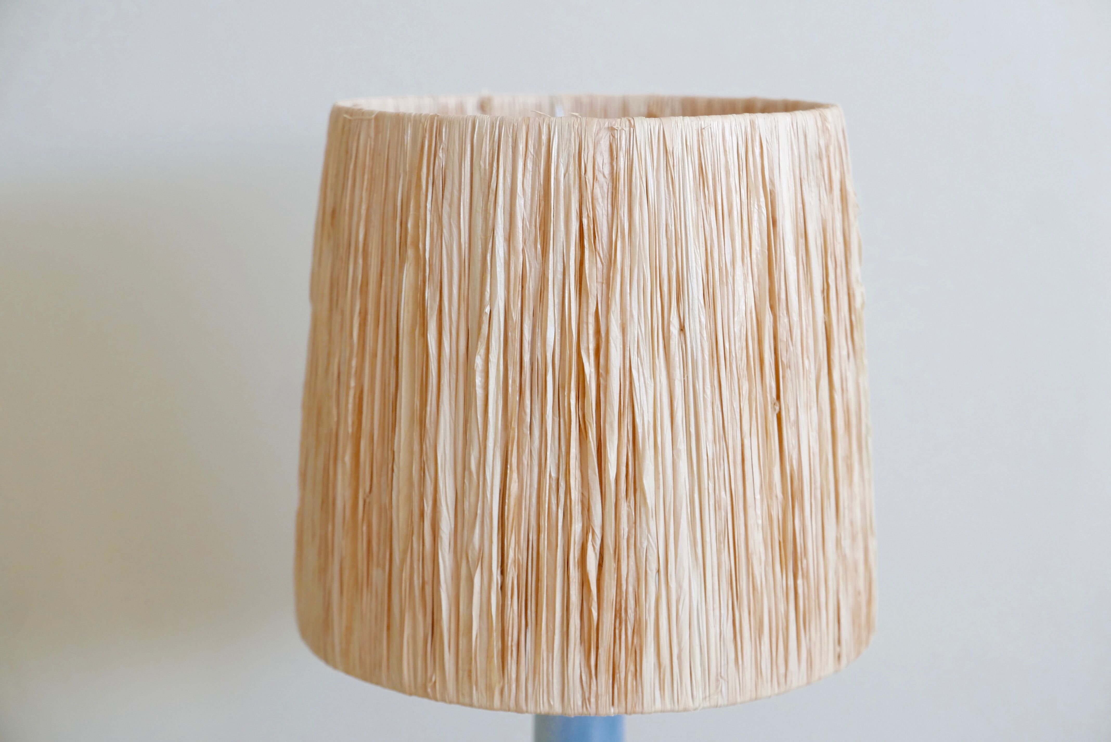 Signed pale blue ceramic lamp, raffia lampshade, 60s